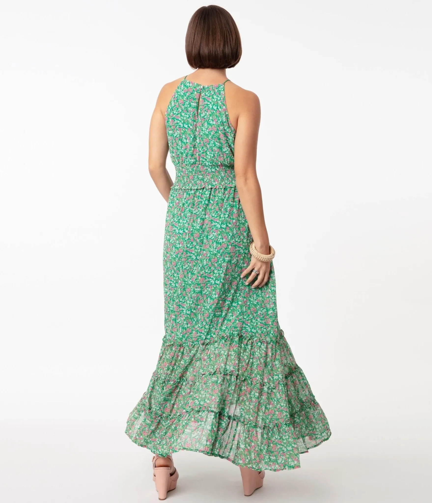 1970s Green & Pink Floral Sleeveless Maxi Dress