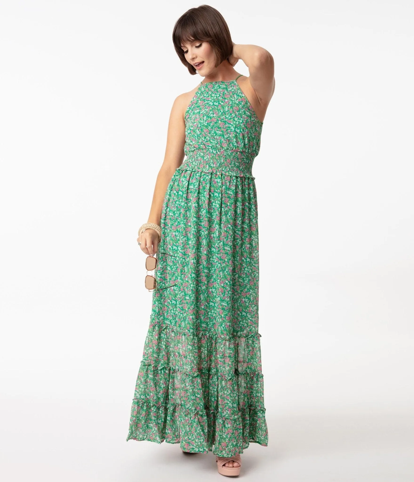 1970s Green & Pink Floral Sleeveless Maxi Dress