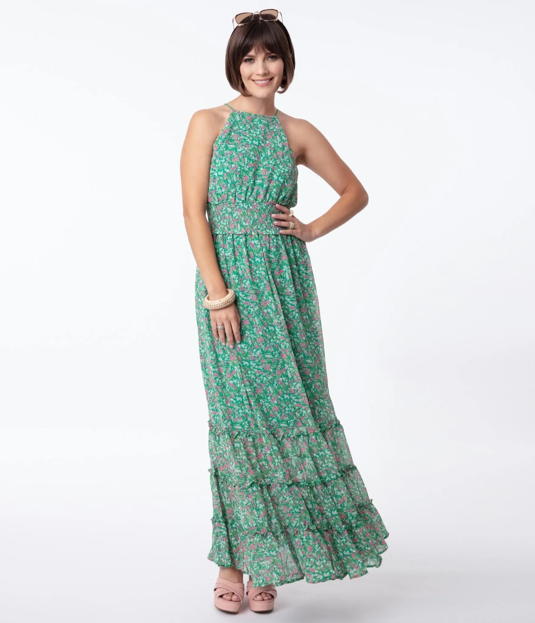 1970s Green & Pink Floral Sleeveless Maxi Dress