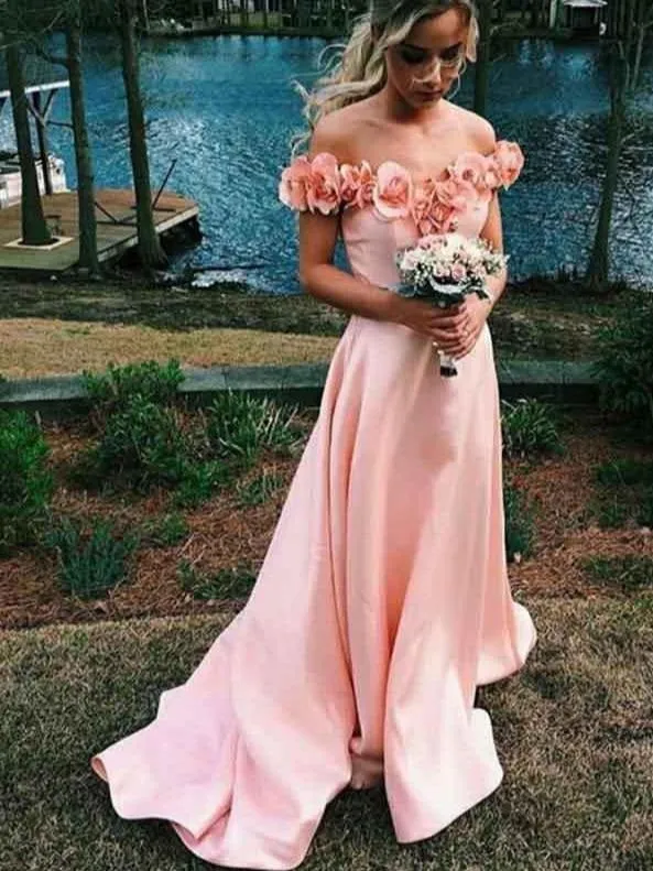 3D flowers Off Shoulders Blush Pink Prom Dress | 8th Grade Formal Dress