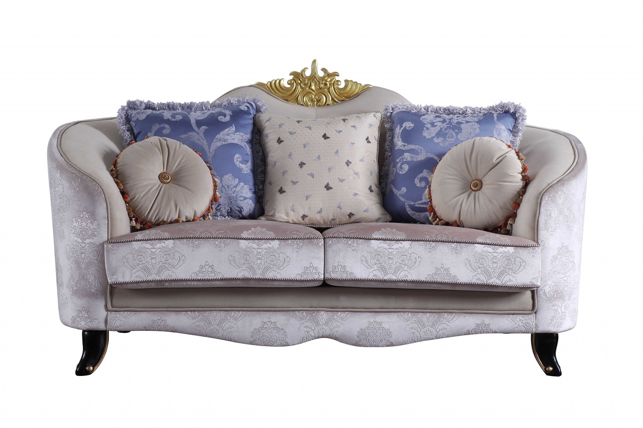 76 Cream And Black Velvet Damask Chesterfield Loveseat