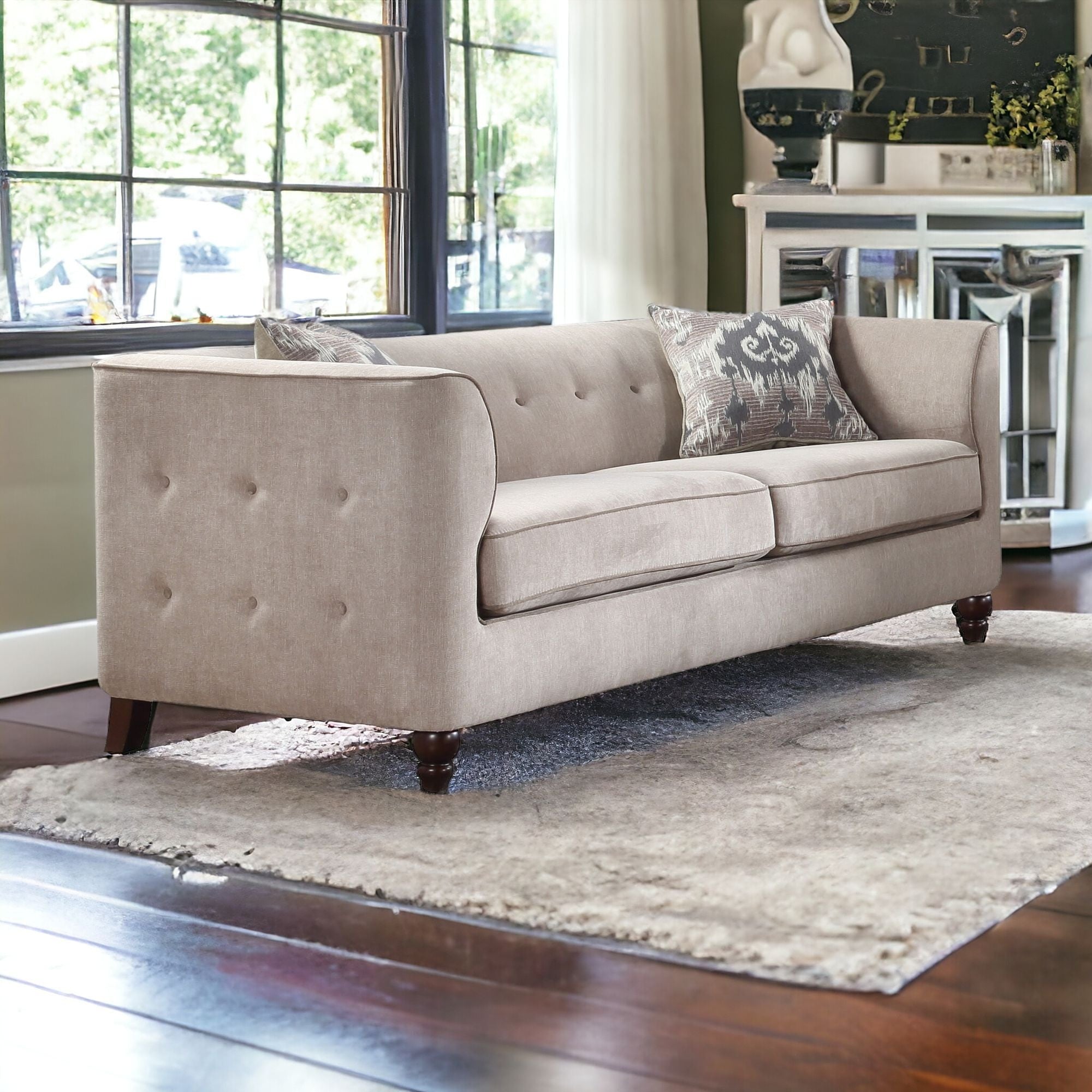 78 Tan Velvet And Black Sofa With Two Toss Pillows