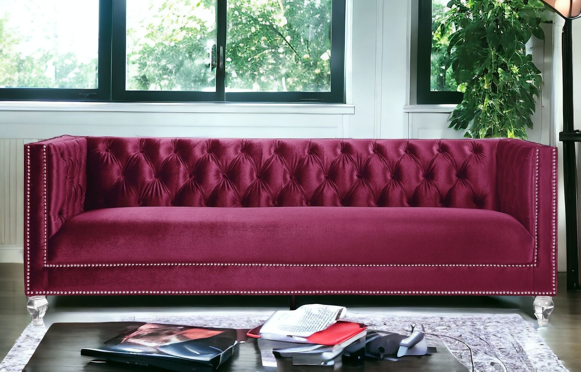 89 Burgundy And Black Velvet Sofa And Toss Pillows