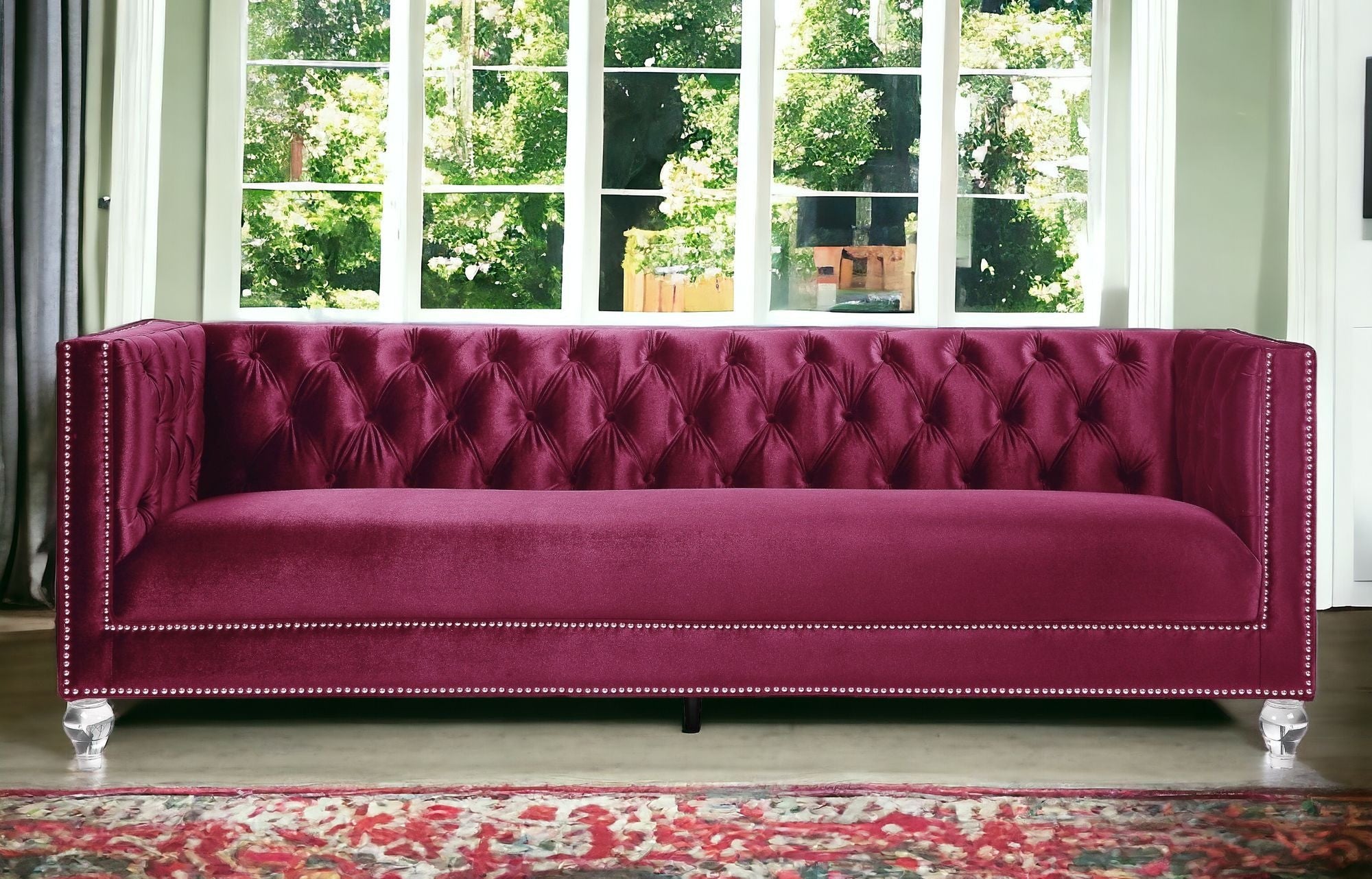 89 Burgundy And Black Velvet Sofa And Toss Pillows