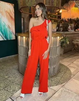 AX Paris Womens One Shoulder Jump Suit Red