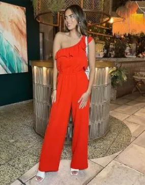 AX Paris Womens One Shoulder Jump Suit Red