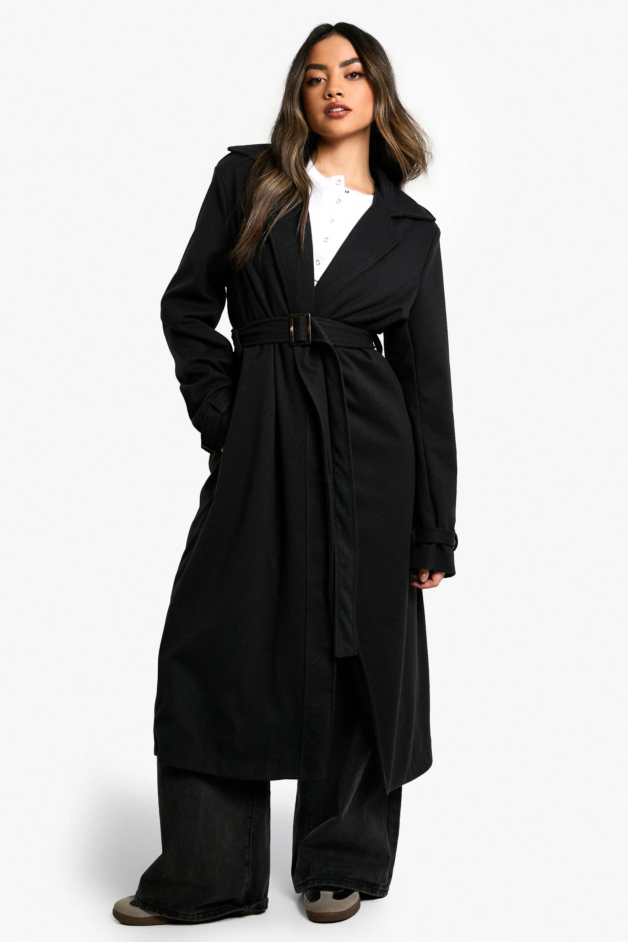 Belted Herringbone Wool Look Coat