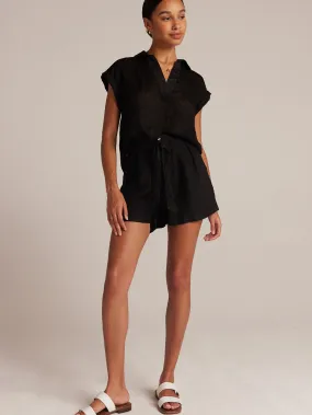 Belted Pleat Front Linen Short - Black