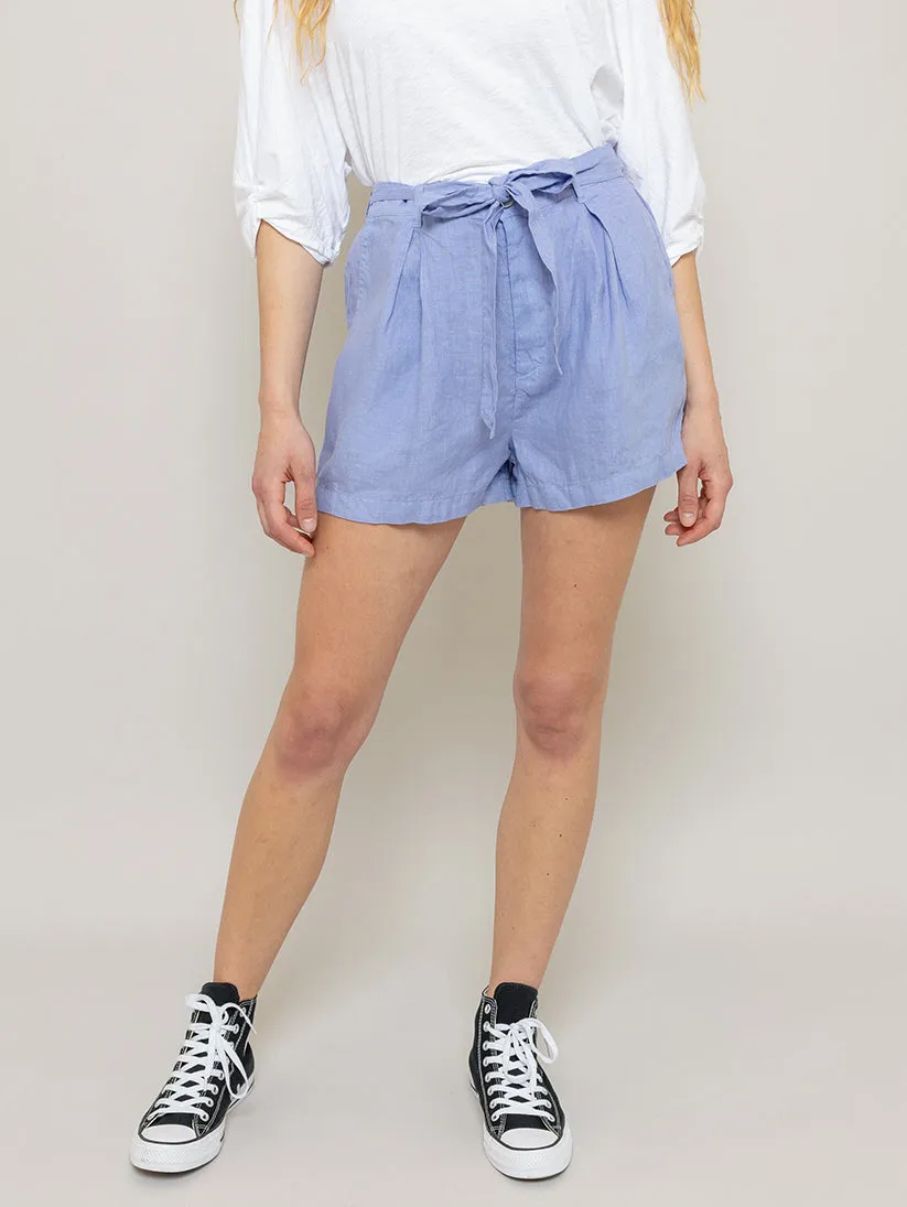 Belted Pleat Front Linen Short - Purple