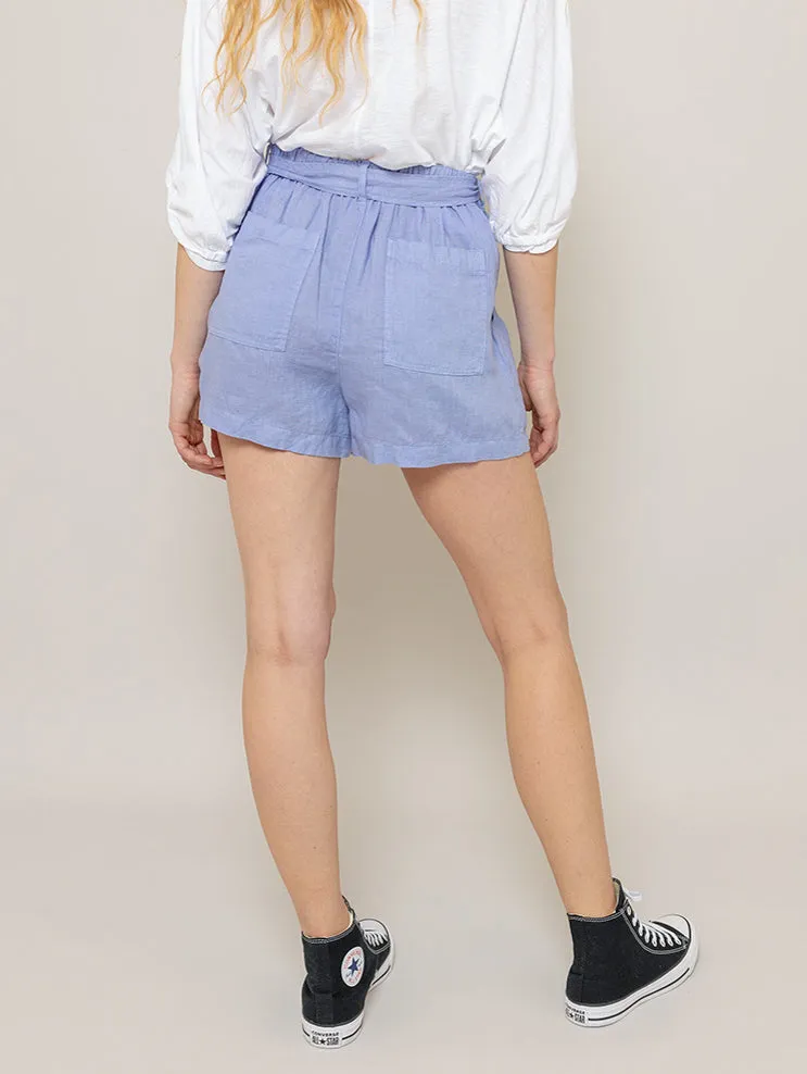 Belted Pleat Front Linen Short - Purple