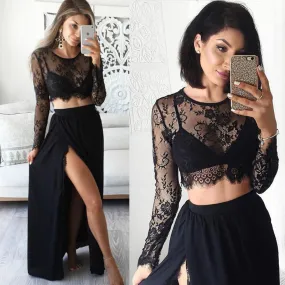 Black Boho Two Piece Chiffon Graudation Formal Dress with High Slit