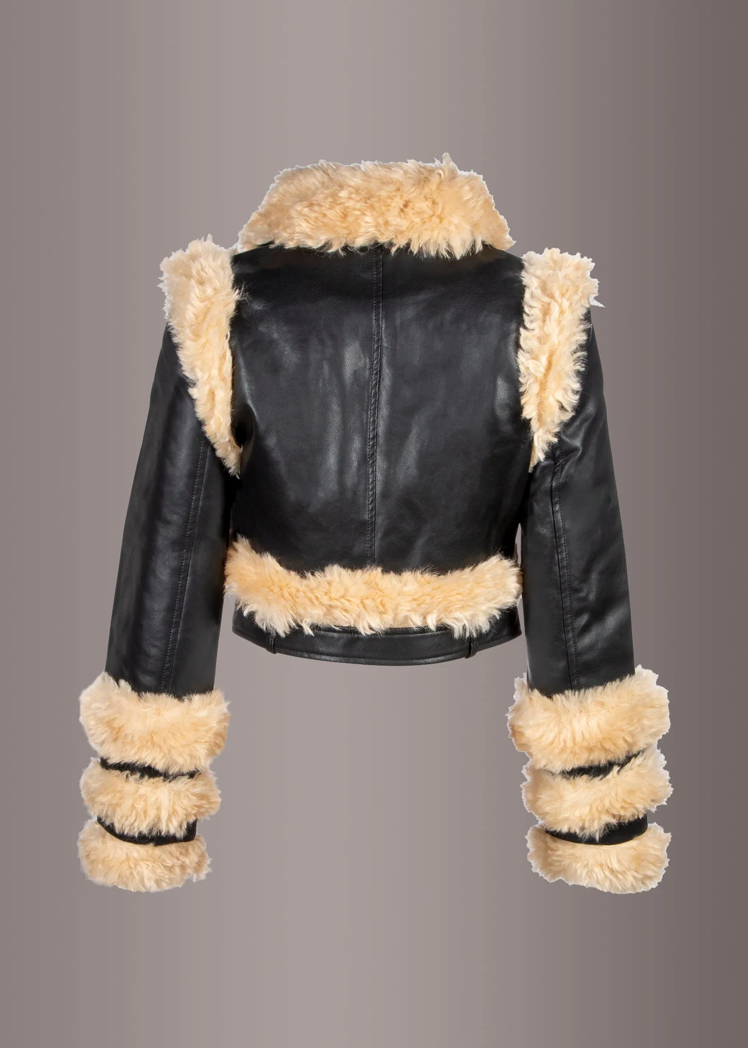 Black Faux Leather Coat Jacket with Faux Fur Trim