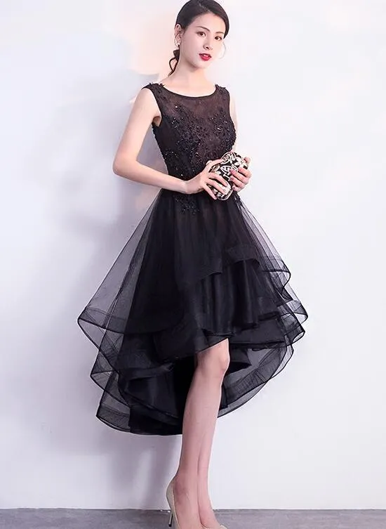 Black High Low Tulle Round Neckline Lace Homecoming Dress, Black Short Party Dress Prom Dress