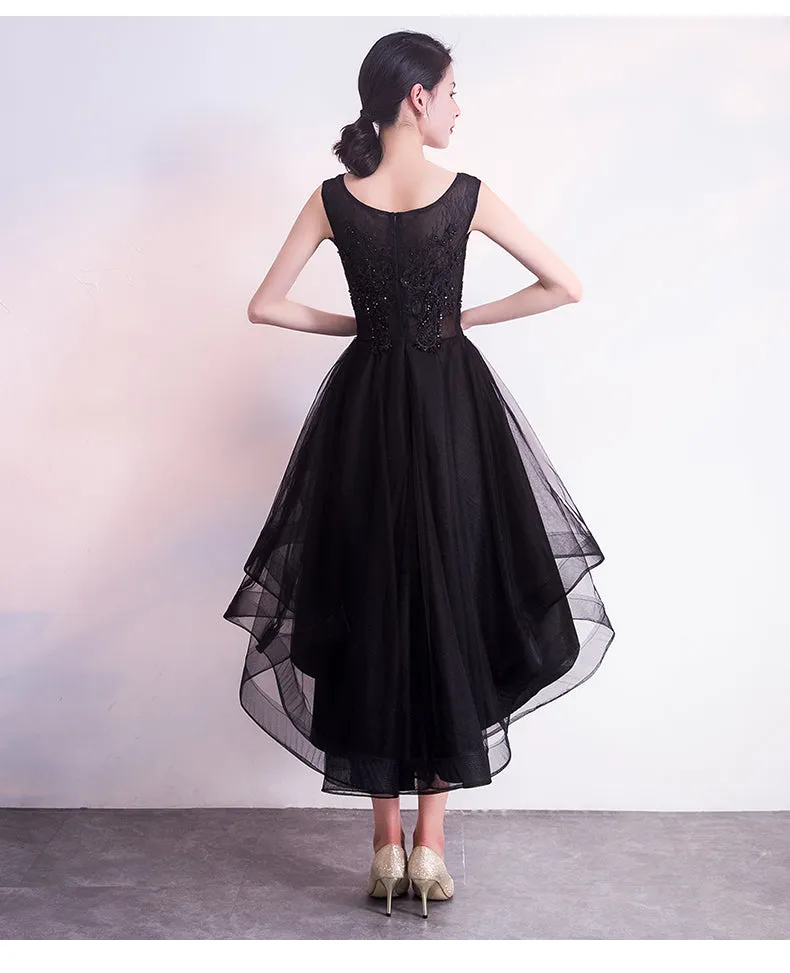 Black High Low Tulle Round Neckline Lace Homecoming Dress, Black Short Party Dress Prom Dress