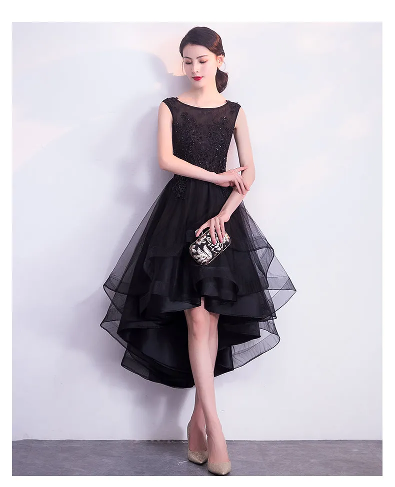 Black High Low Tulle Round Neckline Lace Homecoming Dress, Black Short Party Dress Prom Dress