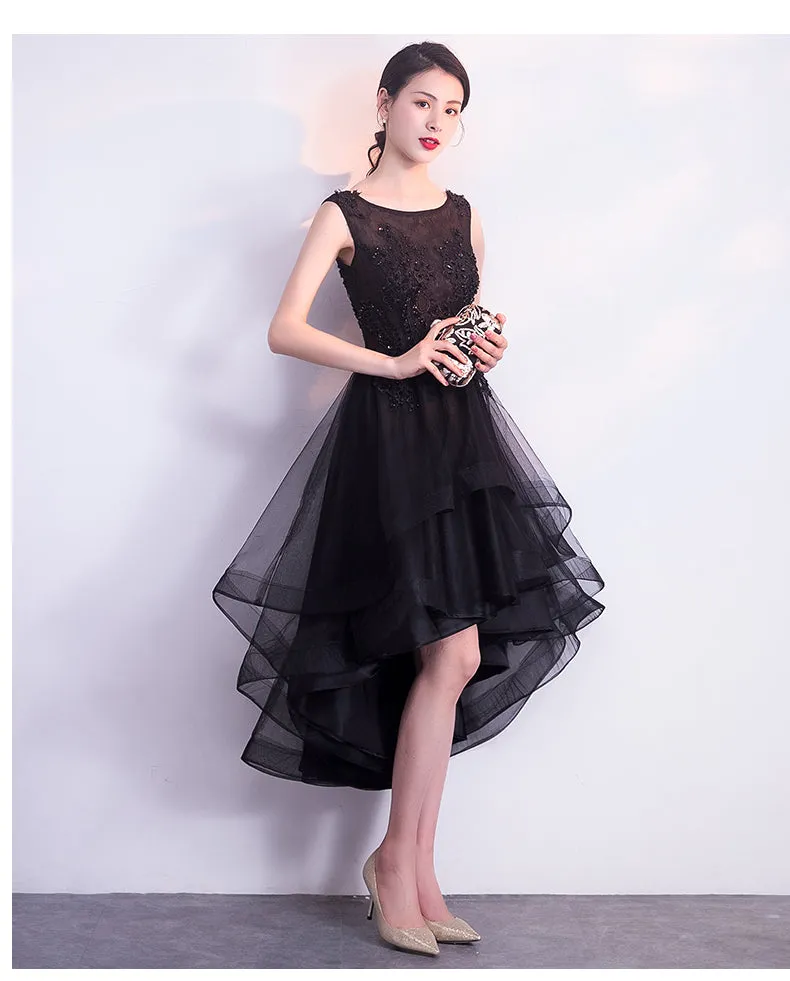 Black High Low Tulle Round Neckline Lace Homecoming Dress, Black Short Party Dress Prom Dress