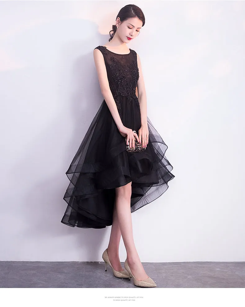 Black High Low Tulle Round Neckline Lace Homecoming Dress, Black Short Party Dress Prom Dress