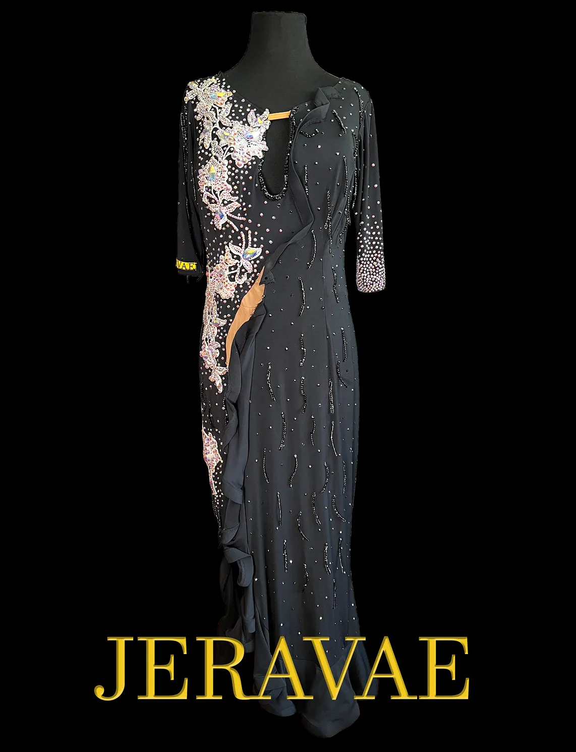 Black Latin Dress with White Lace Appliqué, High Side Slit, Half Sleeves, and Plunging Neckline Sz 2XL Lat235