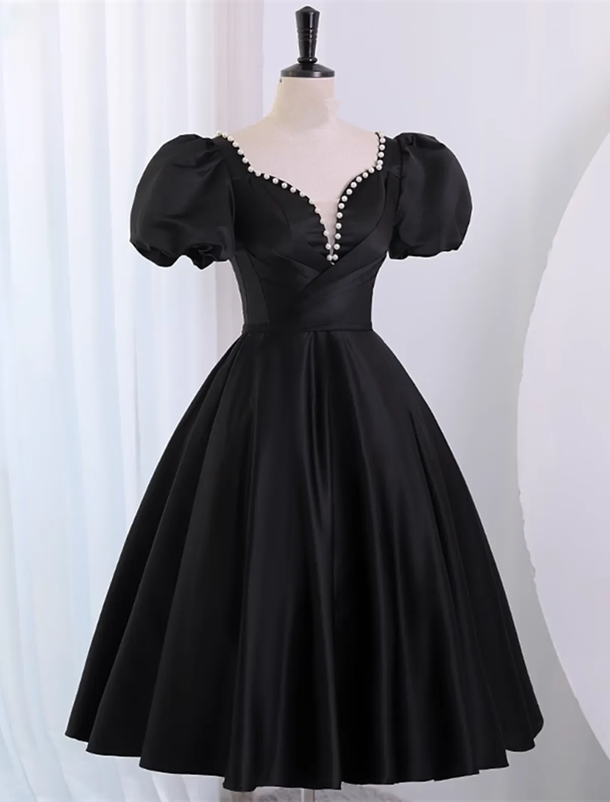 Black Satin Short Sleeves Prom Dress Party Dress, Black Homecoming Dress