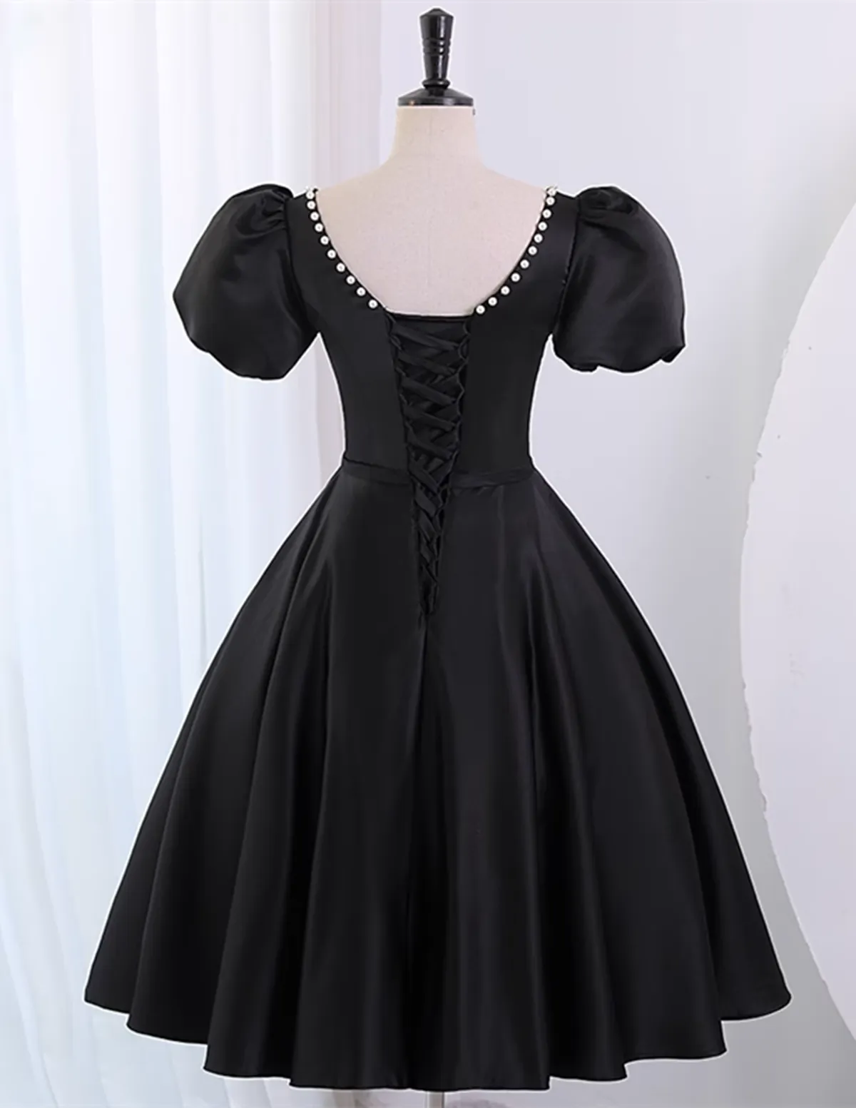 Black Satin Short Sleeves Prom Dress Party Dress, Black Homecoming Dress