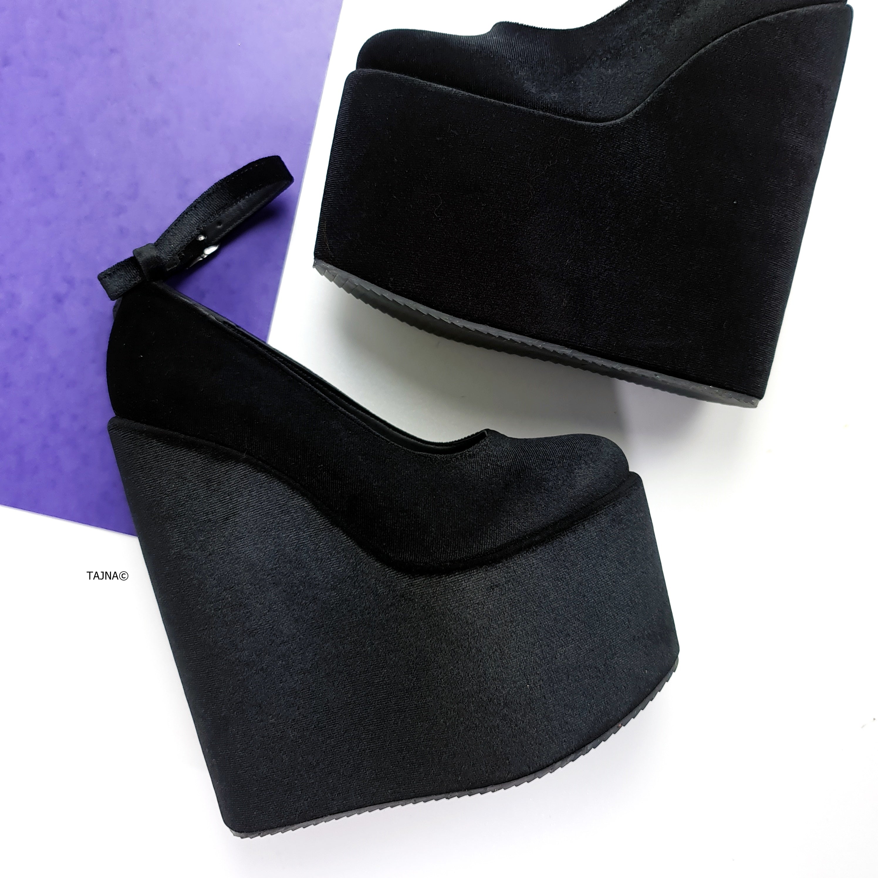 Black Velvet Ankle Strap Heel Wedges