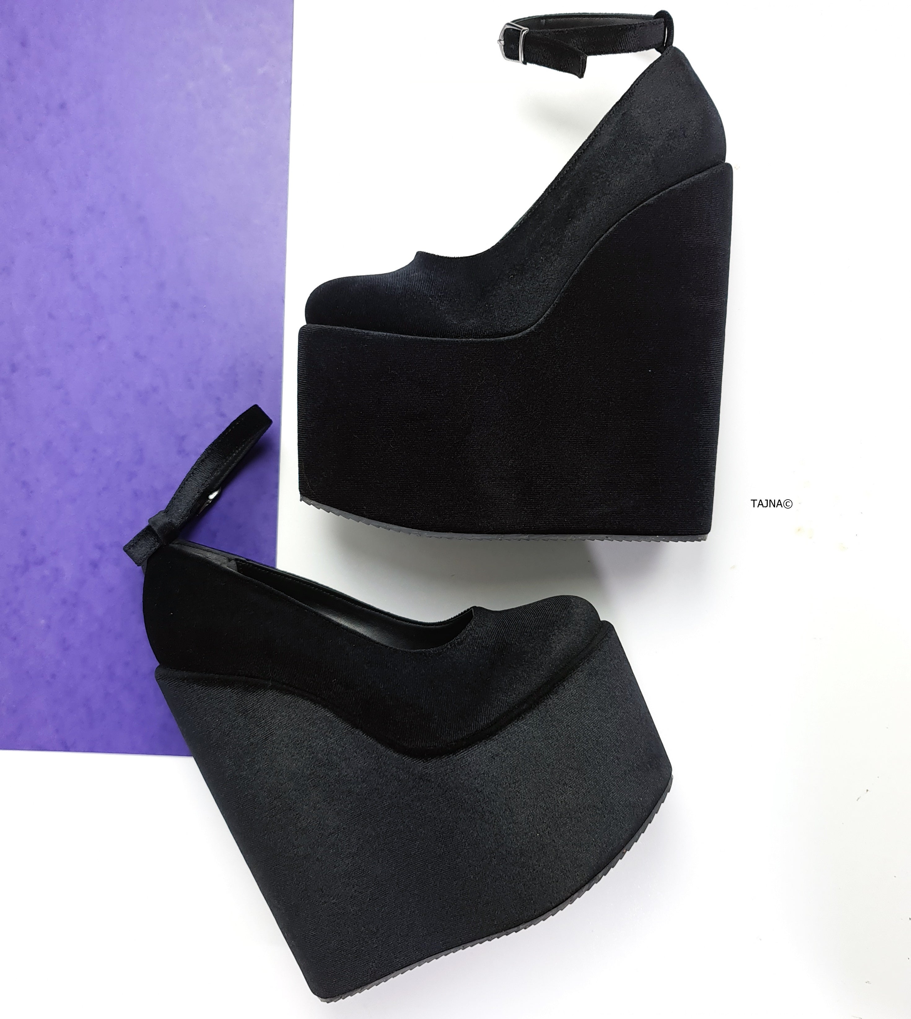 Black Velvet Ankle Strap Heel Wedges