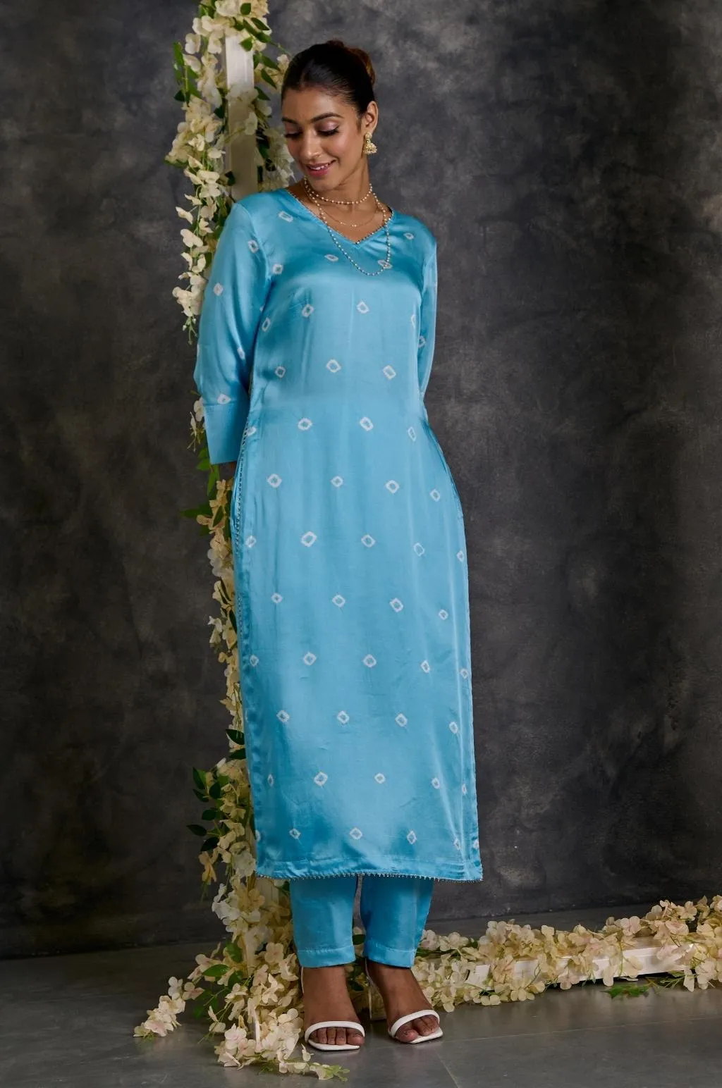 Blue Bandhani High Slit Modal Satin Kurta