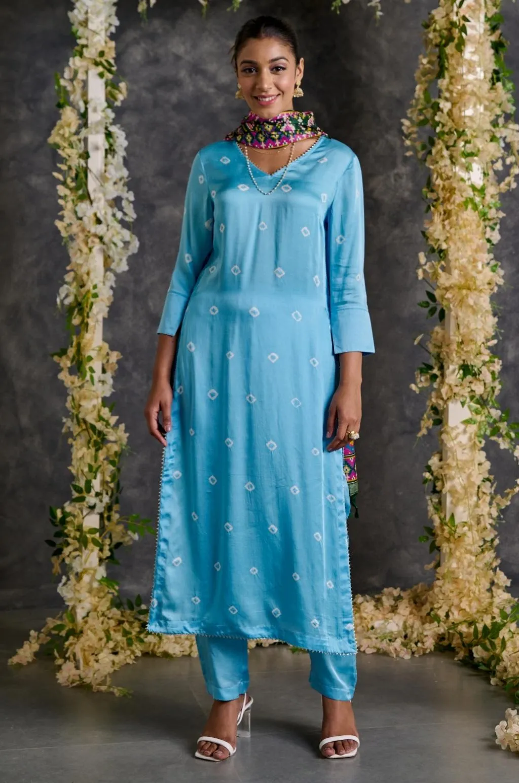 Blue Bandhani High Slit Modal Satin Kurta