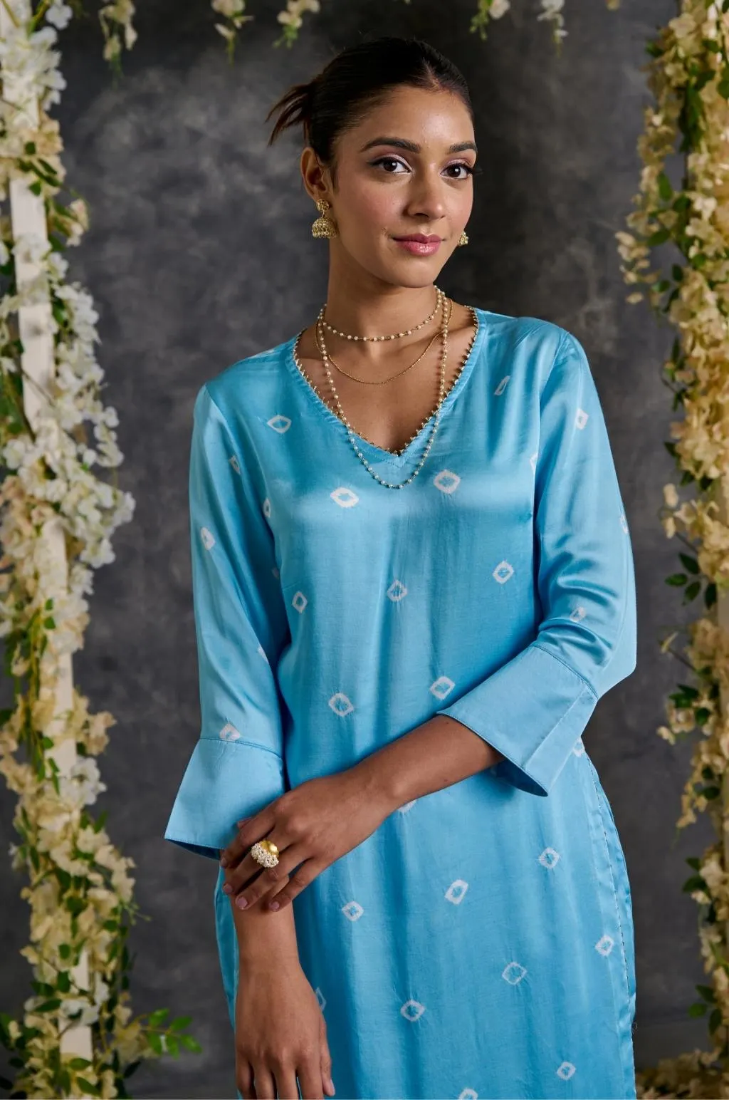 Blue Bandhani High Slit Modal Satin Kurta