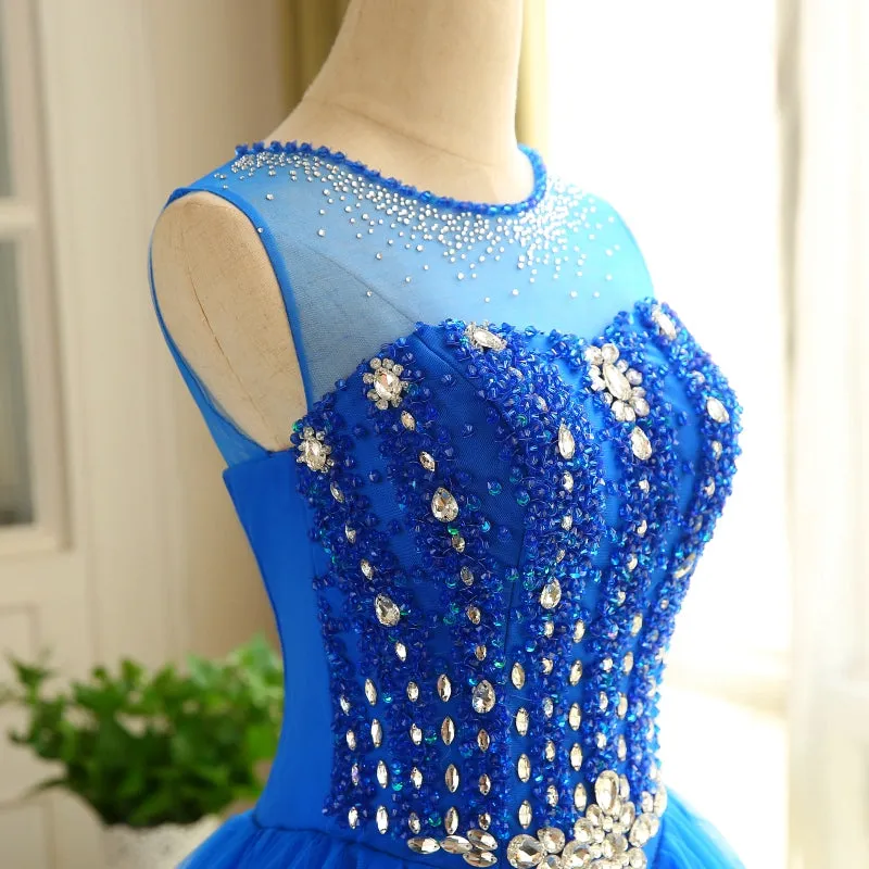 Blue Beaded Tulle Short Cute Homecoming Dress, Blue Short Party Dress Prom Dress