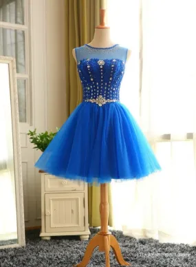 Blue Beaded Tulle Short Cute Homecoming Dress, Blue Short Party Dress Prom Dress