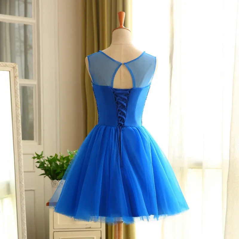 Blue Beaded Tulle Short Cute Homecoming Dress, Blue Short Party Dress Prom Dress