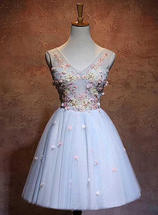 Blue Flowers A-line Short Tulle Wedding Party Dress, Blue Homecoming Dress