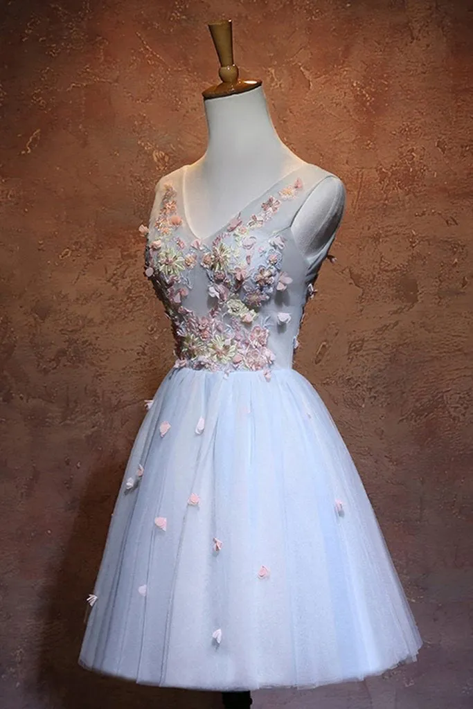 Blue Flowers A-line Short Tulle Wedding Party Dress, Blue Homecoming Dress