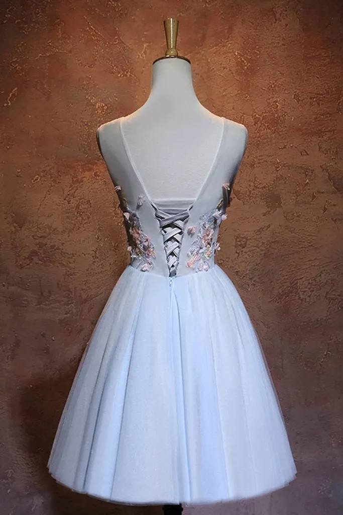 Blue Flowers A-line Short Tulle Wedding Party Dress, Blue Homecoming Dress