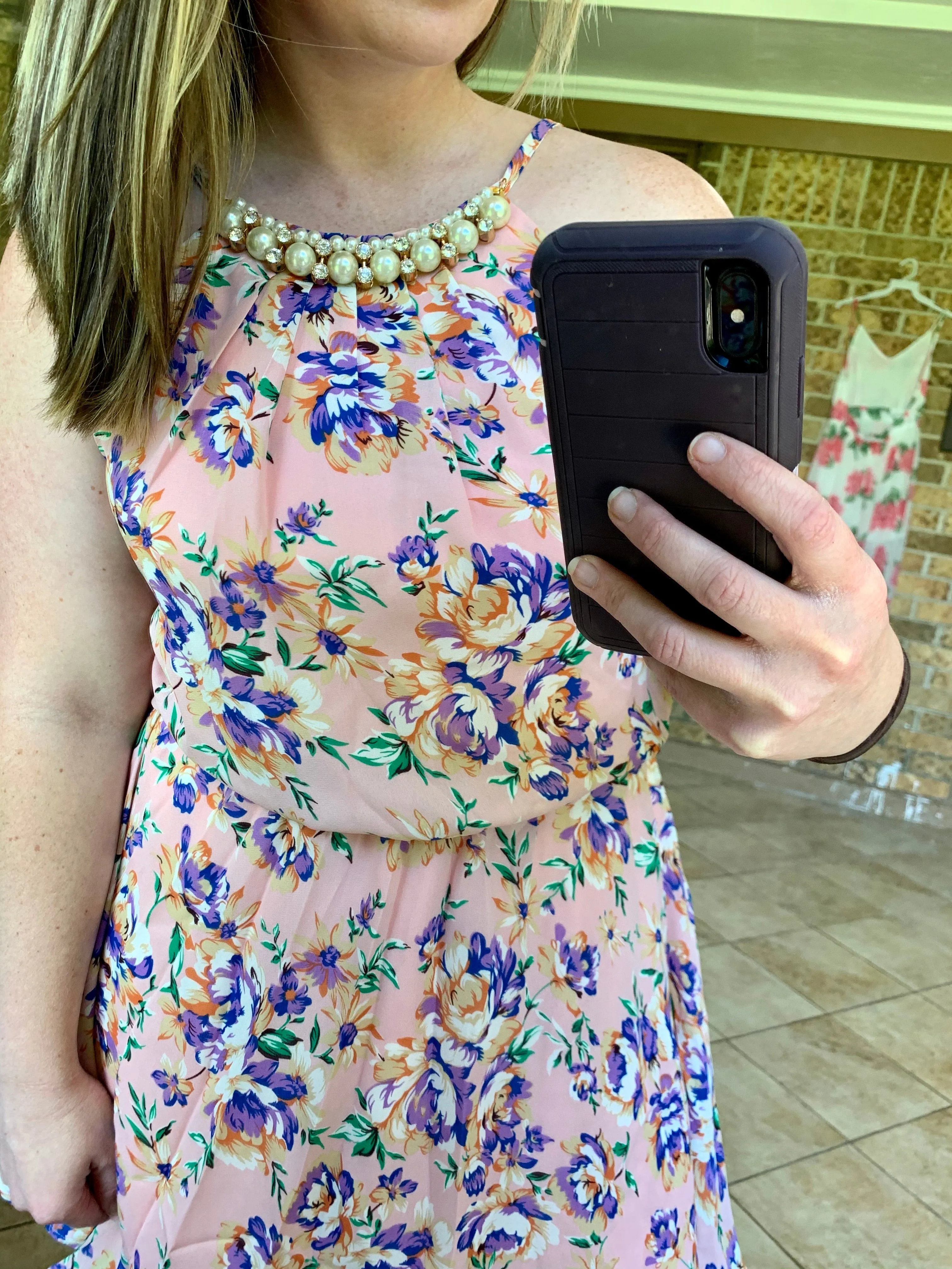 Blush floral pearl neckline dress