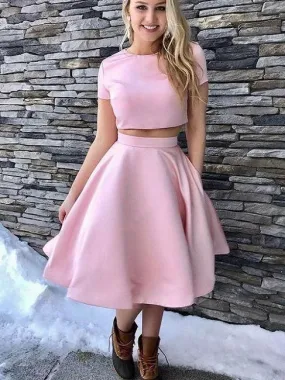 Blush Pink Cap Sleeves Two Piece Short Prom Dress | Graudation Homecoming Dress