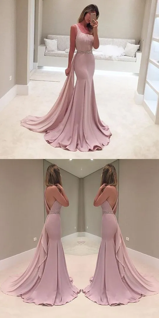 Blush Pink V Back Trumpet Long Prom Dress with Draping