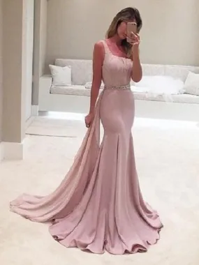 Blush Pink V Back Trumpet Long Prom Dress with Draping