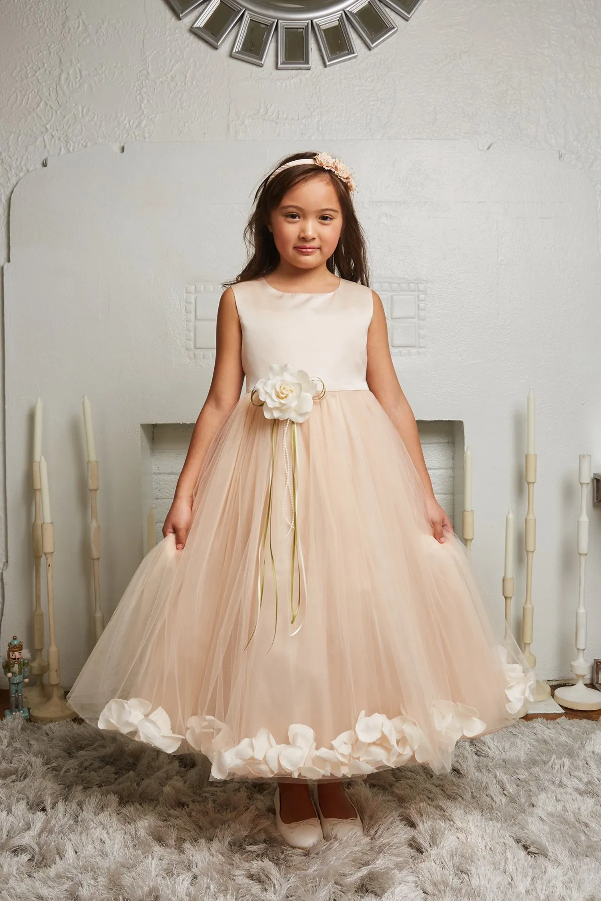 Blush Satin Flower Petal Girls Dress with Plus Sizes