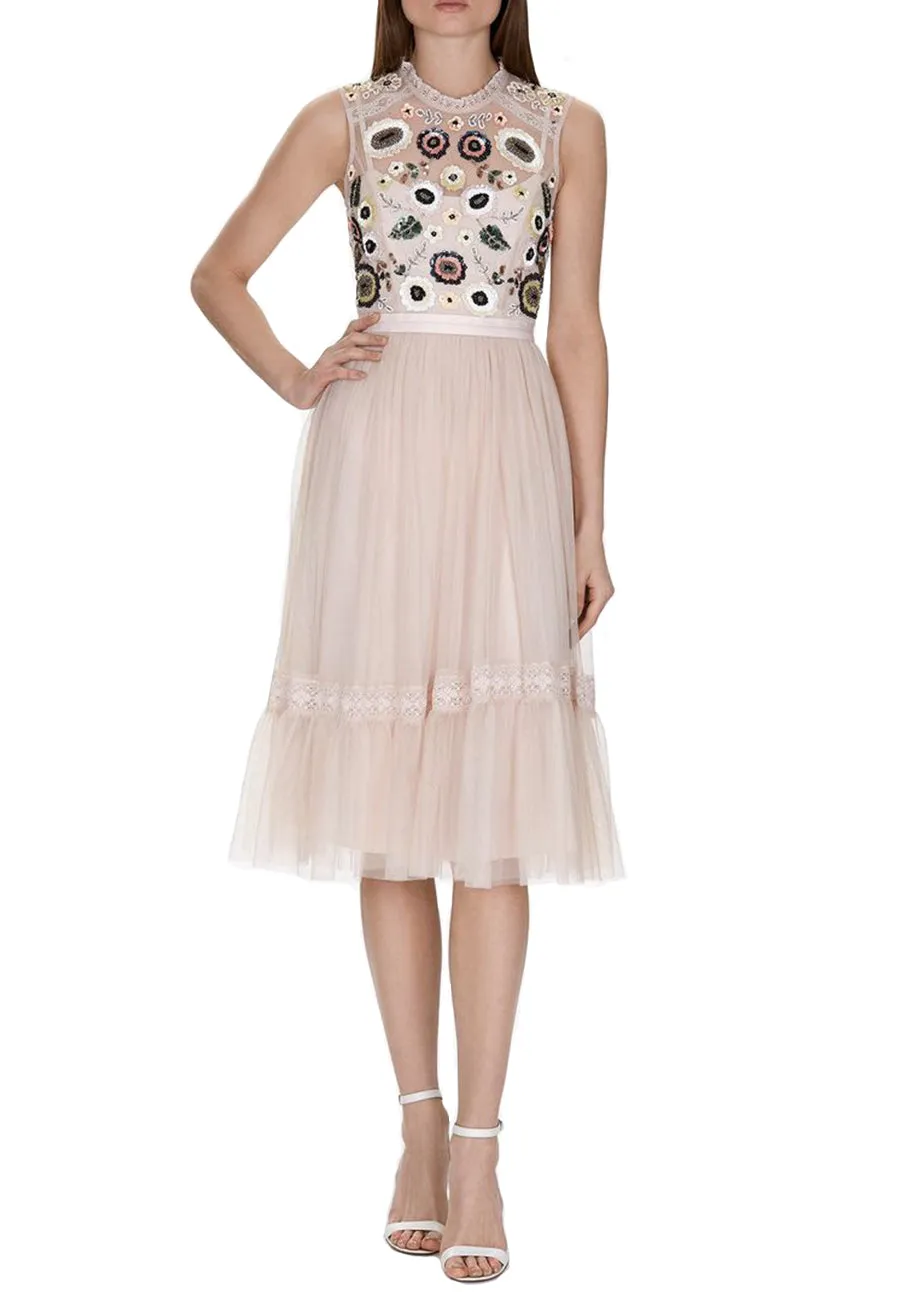 Blush Tiered Woodland Embellished Midi Dress