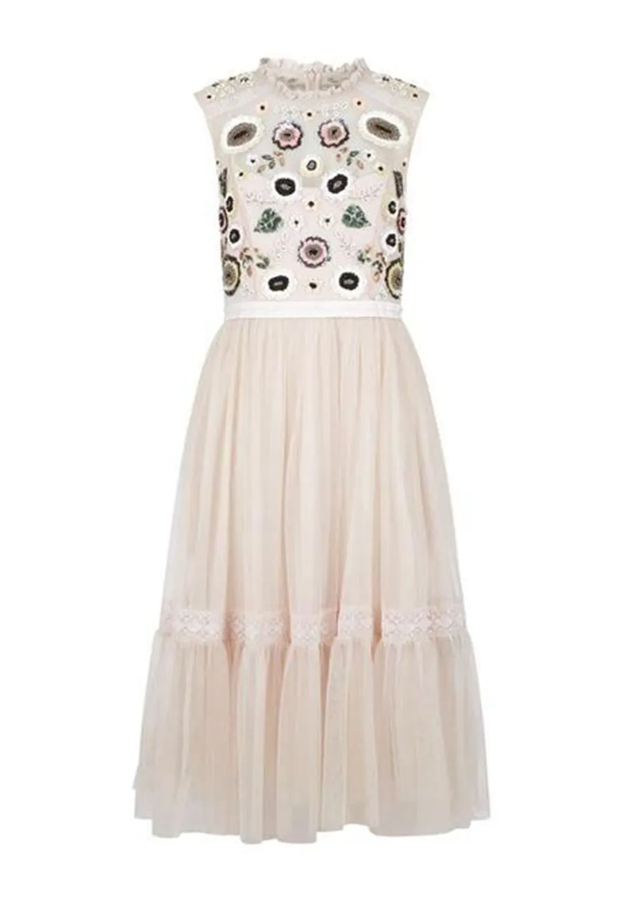 Blush Tiered Woodland Embellished Midi Dress