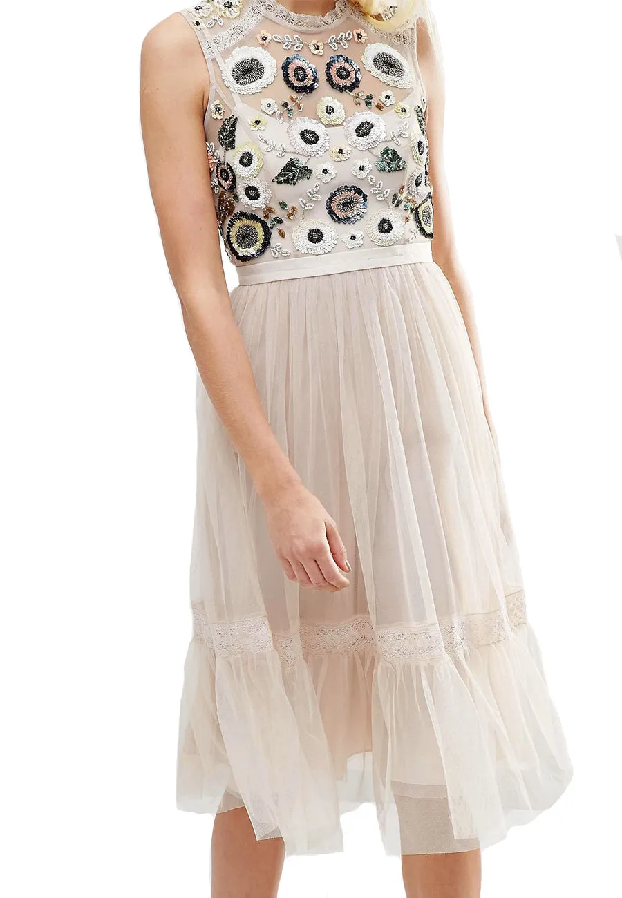 Blush Tiered Woodland Embellished Midi Dress