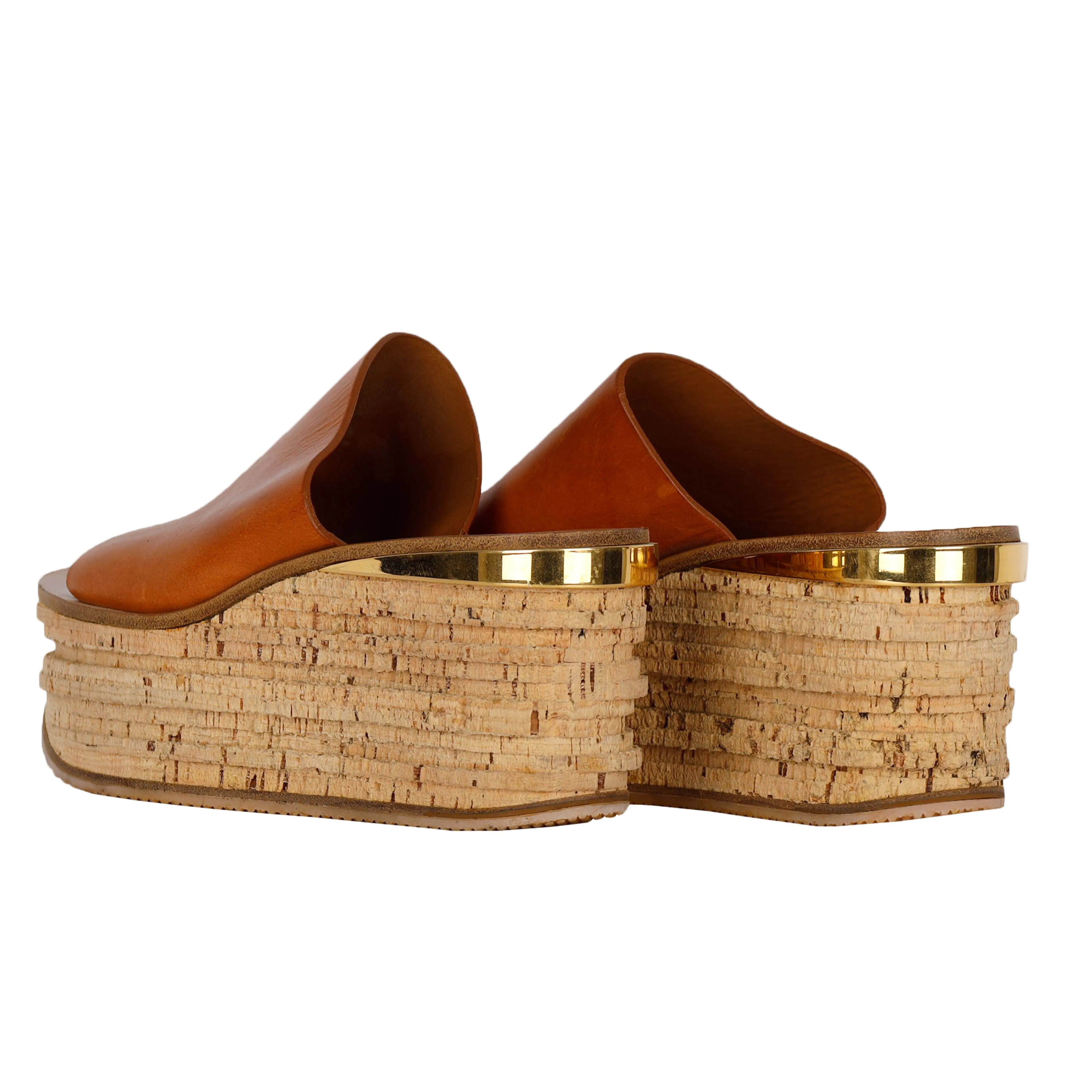 Brown Camille Leather Wedge Mules- '20s