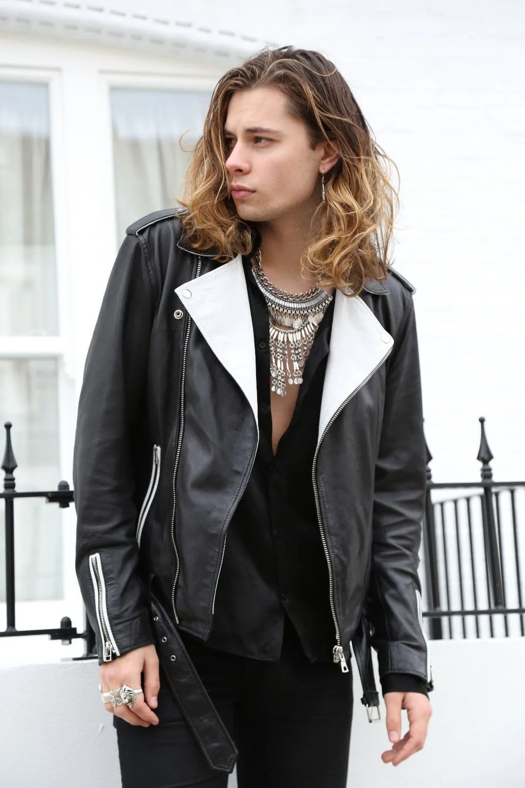 Buy Mens Fashion Leather Jacket Black White Contrast | LucaJackets