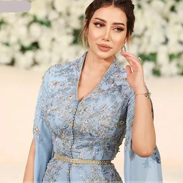 Caftan Mermaid Beaded Lace Light Blue Long Sleeve Formal Dress