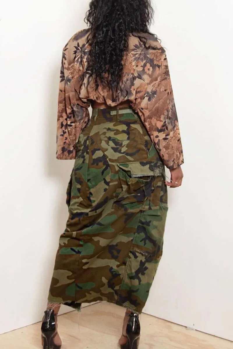 Camo Print High Slit Maxi Cargo Skirt With Pocket