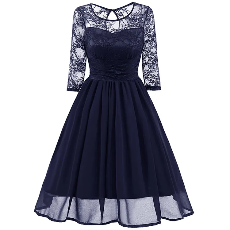 Classy Modest Navy Blue Lace Short Prom Dress with Sleeves | Blue Party Dress