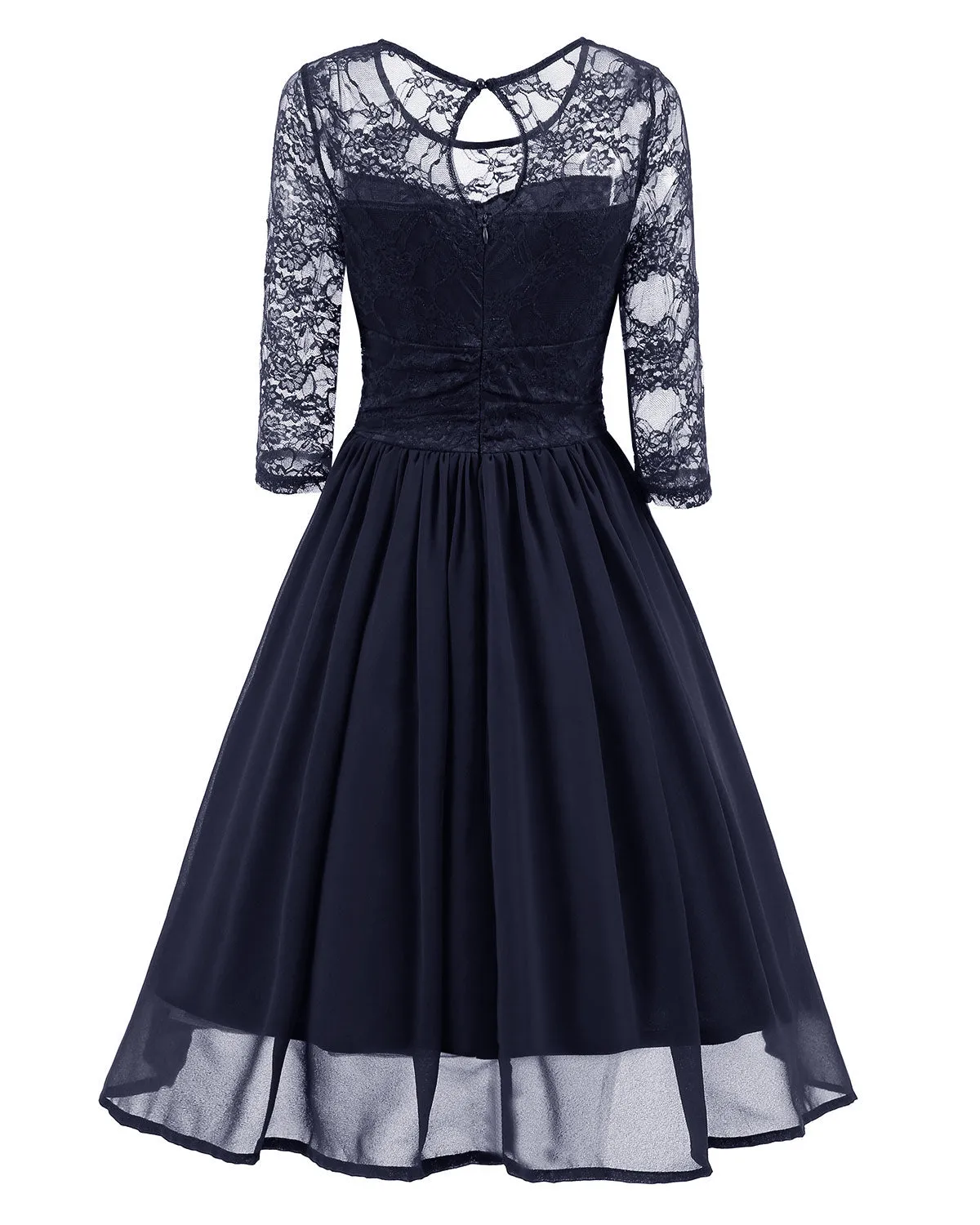 Classy Modest Navy Blue Lace Short Prom Dress with Sleeves | Blue Party Dress