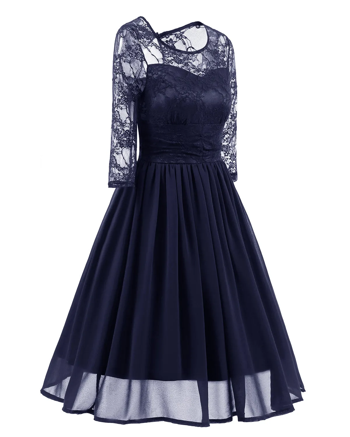 Classy Modest Navy Blue Lace Short Prom Dress with Sleeves | Blue Party Dress